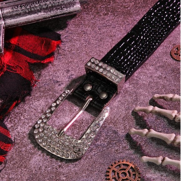 Vegan Black Crocodile Embossed Rhinestone Belt - Picture 2 of 6